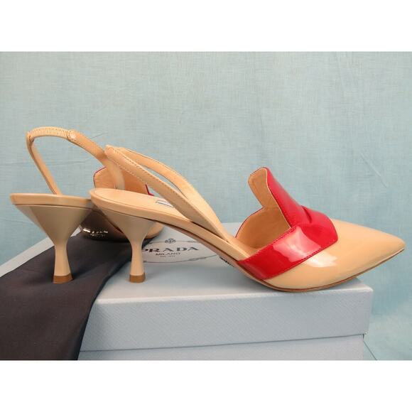 NIB PRADA 1I270L BEIGE RED PATENT LEATHER POINTED TOE SANDALS MULES PUMPS 39 IT - Picture 5 of 12